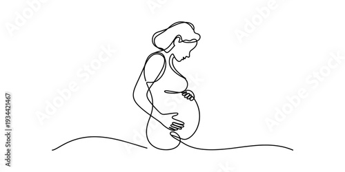 Minimalist continuous line drawing of a pregnant woman cradling her large belly with both hands. Vector, illustration