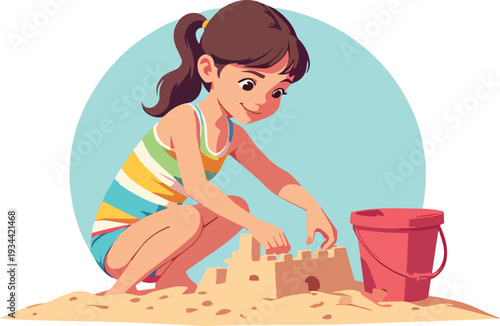 bambina sulla sabbia mentre costruisce un castello e gioca in riva al mare estate in costume da bagno vettoriale 