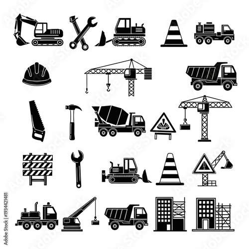 Construction Equipment Icons: Heavy Machinery, Tools, and Buildings Set