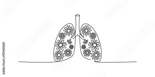 Continuous line drawing of human lungs filled with flowers, symbolizing health and nature Vector, illustration