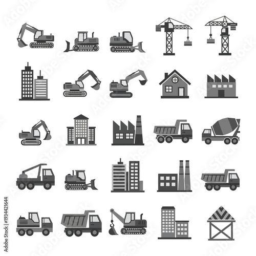 Construction heavy machinery and buildings icons set