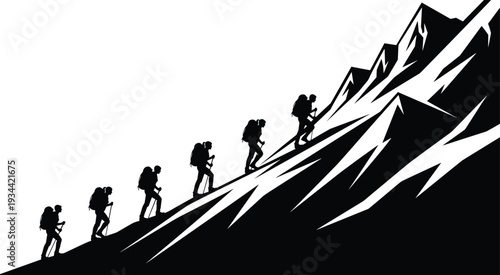 Silhouette of hikers climbing snowy mountain slope with backpacks and poles, symbolizing teamwork, perseverance, adventure, and outdoor exploration in rugged terrain