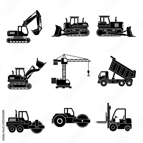Construction heavy machinery icons set: excavator, bulldozer, crane, dump truck, roller, forklift