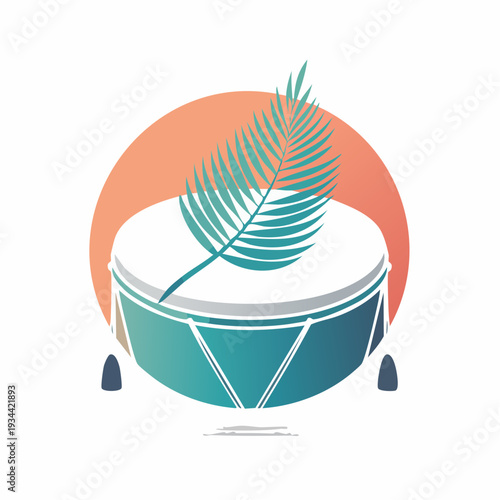 Vibrant tropical drum with a delicate palm leaf, evoking island rhythms and a sunny, exotic atmosphere, perfect for summer designs