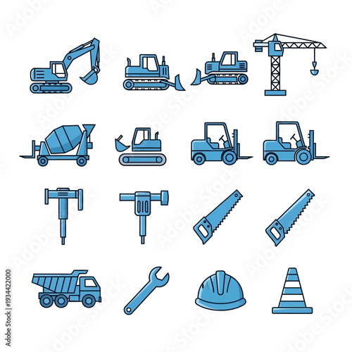 Construction Equipment and Tools Set: Excavator, Crane, Forklift, Truck, Tools, Safety Gear