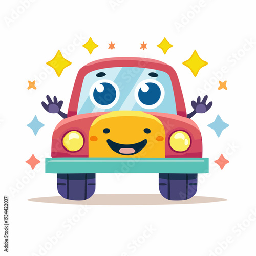 Cheerful cartoon car with a happy face and sparkling highlights
