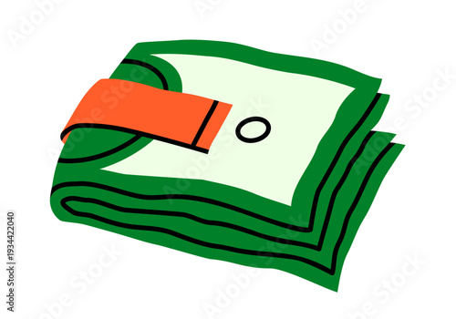 Hand drawn illustration of cash with money clip. Flat vector stack of paper us currency sticker doodle. Financial success icon or print. Salary or revenue banknote. Isolated.