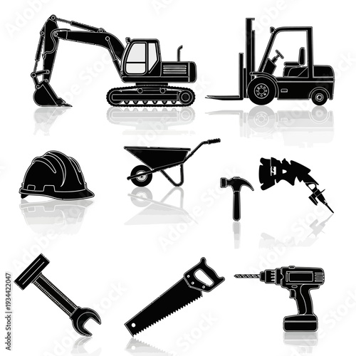 Construction Equipment and Tools Set: Excavator, Forklift, Tools, Safety Helmet, Wheelbarrow, Drill
