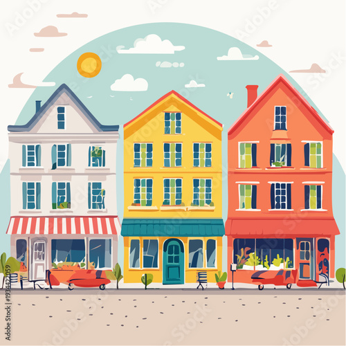 Vibrant illustration of a picturesque street with colorful European-style buildings, quaint shops, and a bright, sunny townscape