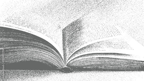 Open book with dense text pages casting shadow on a textured surface in grayscale writing
