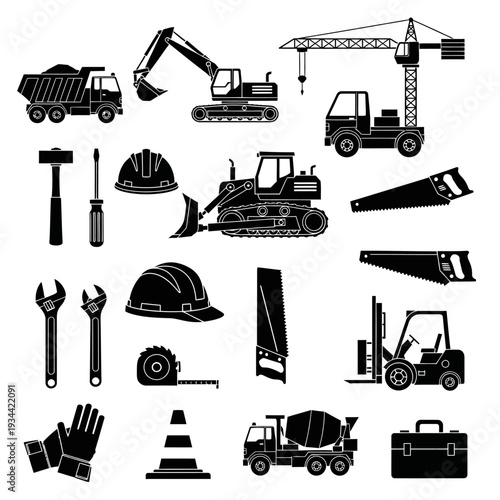 Construction Equipment and Tools Silhouette Set: Heavy Machinery, Safety Gear, and Hand Tools