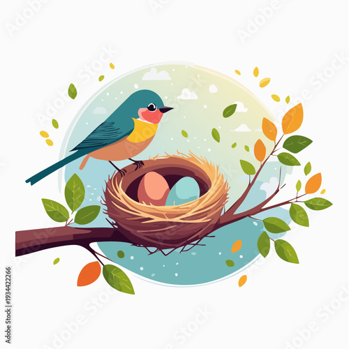 Chirpy Bird Family A Cozy Nest with Eggs on a Branch in Spring