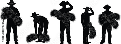 Silhouette farmers carrying and bundling harvested crops traditional agriculture workers rural life concept with hats and straw bundles isolated black illustration
