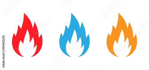 Colorful flame icons in red, blue, and orange. set of fire icons