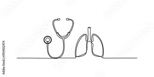 A continuous single line drawing of a stethoscope next to a pair of human lungs, symbolizing respiratory health and medical examination. Vector, illustration