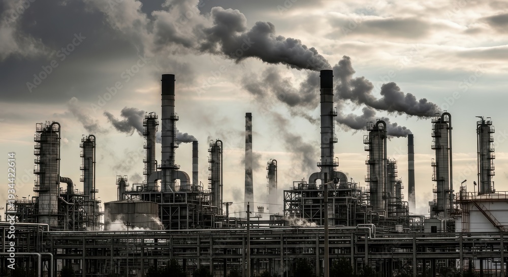 Obraz premium Gritty industrial oil refinery emitting smoke under a dramatic sky, symbolizing global conflict.