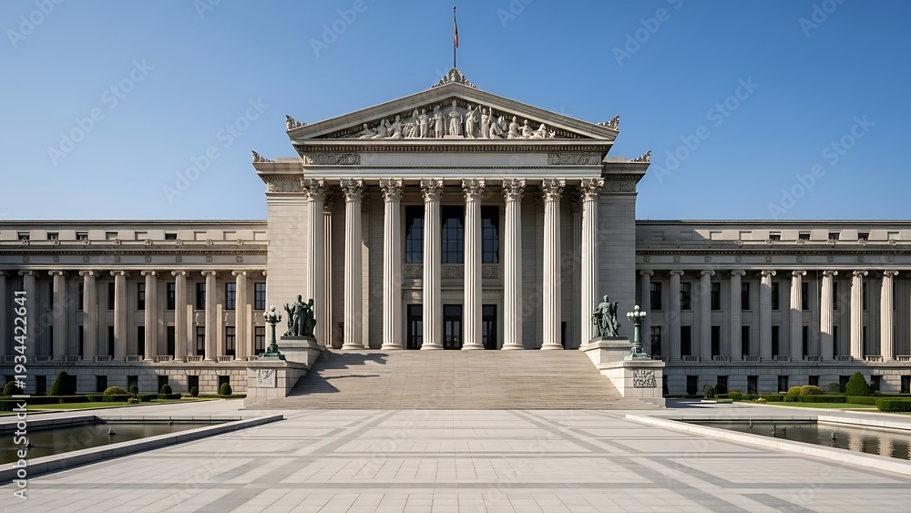 Obraz premium Grand Neoclassical Museum Building with Columns, Statues & Reflecting Pools