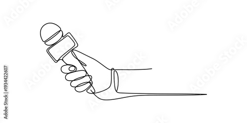 A single continuous line drawing of a hand holding a microphone, symbolizing journalism and communication. Vector, illustration