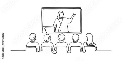 A continuous line drawing illustrating an audience watching a presentation or lecture on a screen Vector, illustration