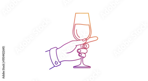 Gradient line art illustration of a hand holding a wine glass for a toast.