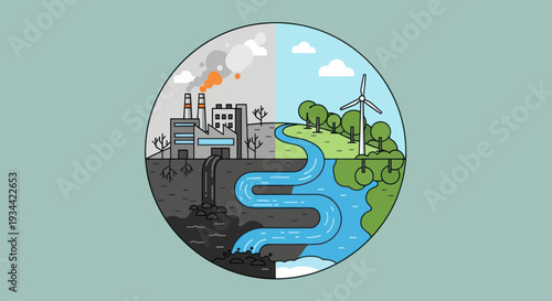 Climate change concept illustration of industrial pollution versus clean green energy
