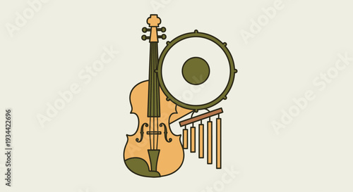 Minimalist illustration of a violin with a drum and wind chimes on a plain background