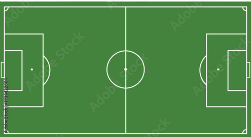 Top view soccer field vector illustration with detailed football pitch markings, green stadium ground layout, sports background design template