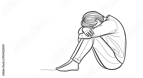 Line art drawing of a person experiencing emotional distress and sadness.