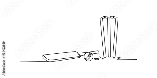 A continuous line drawing illustration of cricket equipment including a bat, ball, and stumps Vector, illustration