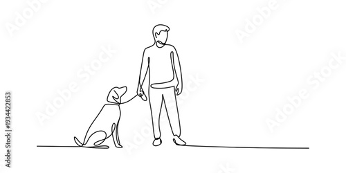 A person stands next to their dog, holding a leash in a continuous line art style. Vector, illustration