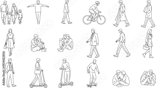 People, line, art, illustration, set, minimalist, walking, cycling, sitting, family, collection, vector, outline, sketch, group, figures, activity, urban, isolated, white