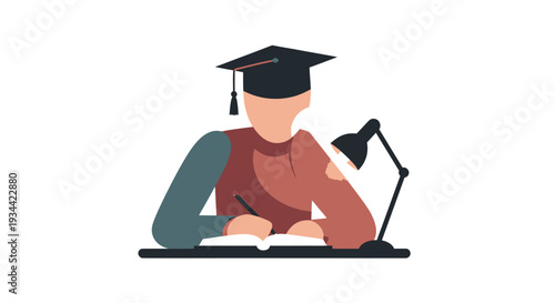 College student studying hard under a desk lamp.