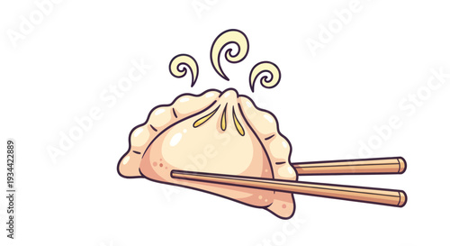 Steaming dumpling held by chopsticks, a traditional Asian food illustration.