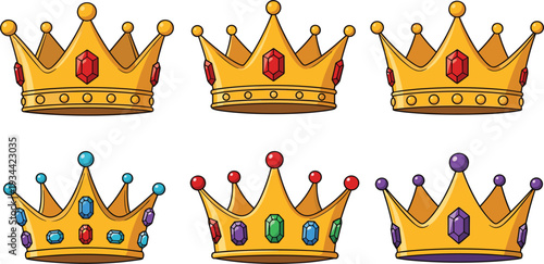 Collection of cartoon golden crown vector icons featuring colorful red, blue, green, and purple gemstones isolated on white background for kids design.