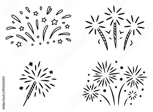 Fireworks Set Black White Vector Illustration
