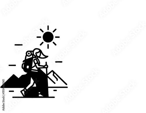 Stylized graphic of a person hiking up a mountain under a sun