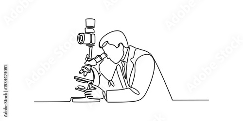 Continuous line drawing of a scientist looking into a microscope in a laboratory setting Vector, illustration