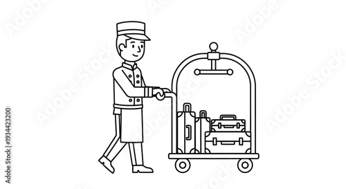 A bellhop pushing a luggage cart with suitcases in a linear drawing