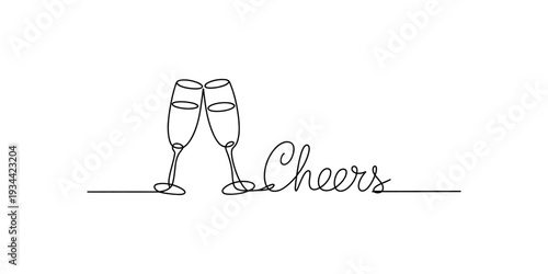 A continuous line art illustration showing two champagne flutes clinking together with the word cheers Vector, illustration