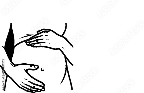 A black and white illustration of hands gently cradling a pregnant belly