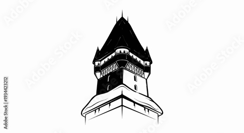 Tall, dark-roofed structure with multiple levels and pointed spires