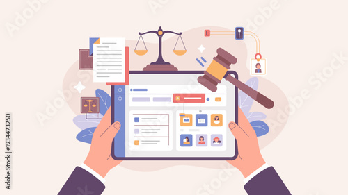 Flat vector illustration of online legal services platform on tablet with judge gavel and scales of justice, Digital law and justice concept