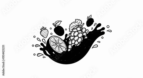 A black ink splash with fruits like strawberries, grapes, and citrus slices