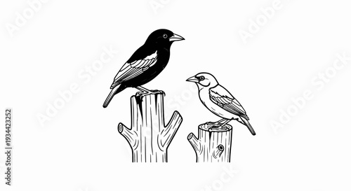 Two birds, one dark and one light, perch on rustic wooden stumps