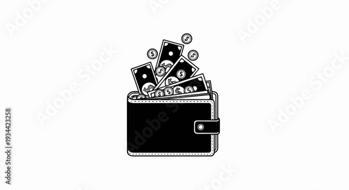 A black wallet overflows with currency and coins against a white background