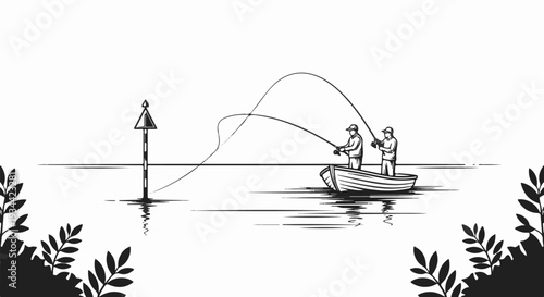 Two people fishing from a rowboat near a buoy, surrounded by foliage