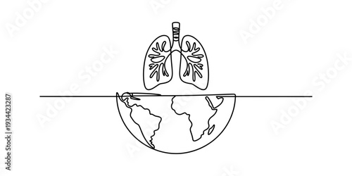 A line art illustration showing a pair of human lungs above a half-representation of the earth. Vector, illustration