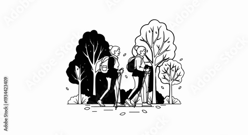 Two women hiking with trekking poles through a forest with trees