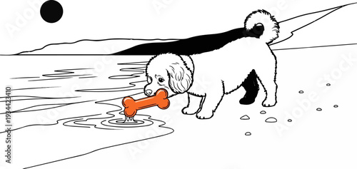 A fluffy white dog retrieves an orange bone from the water at the shore