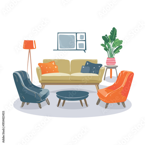 Cozy living room setup with sofa, armchairs, coffee table, and television, featuring vibrant accent pillows and a potted plant